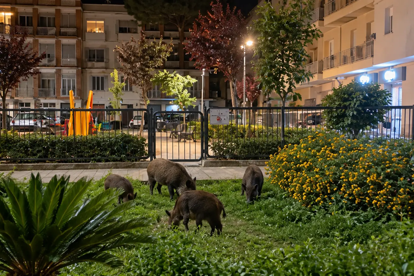Vibo, continuano le incursioni dei cinghiali: il VIDEO mentre scorrazzano nei giardinetti davanti all’oratorio dei Salesiani\n