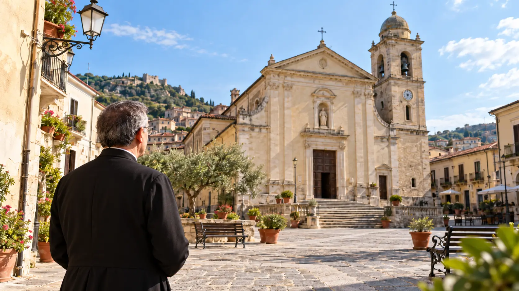 <p>Un sacerdote nella piazza del paese (foto realizzata con l'Ia)</p>\\n