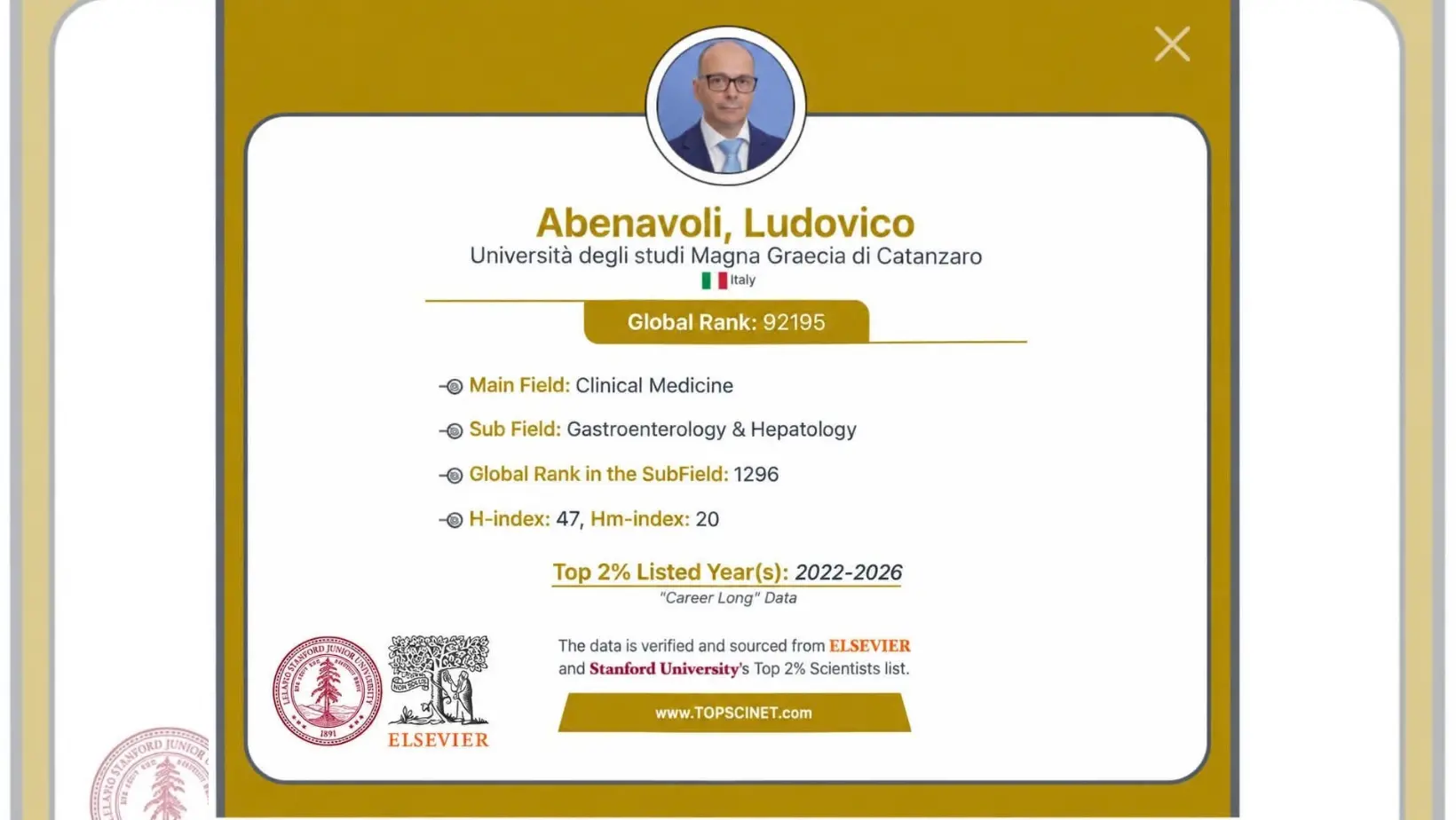 Ludovico Abenavoli tra i migliori scienziati al mondo: riconoscimento internazionale alla ricerca calabrese\n
