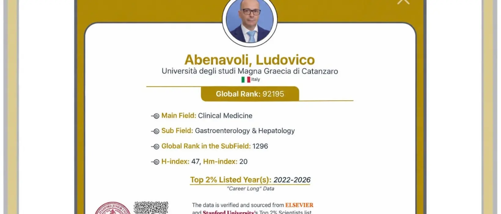 Ludovico Abenavoli tra i migliori scienziati al mondo: riconoscimento internazionale alla ricerca calabrese\n
