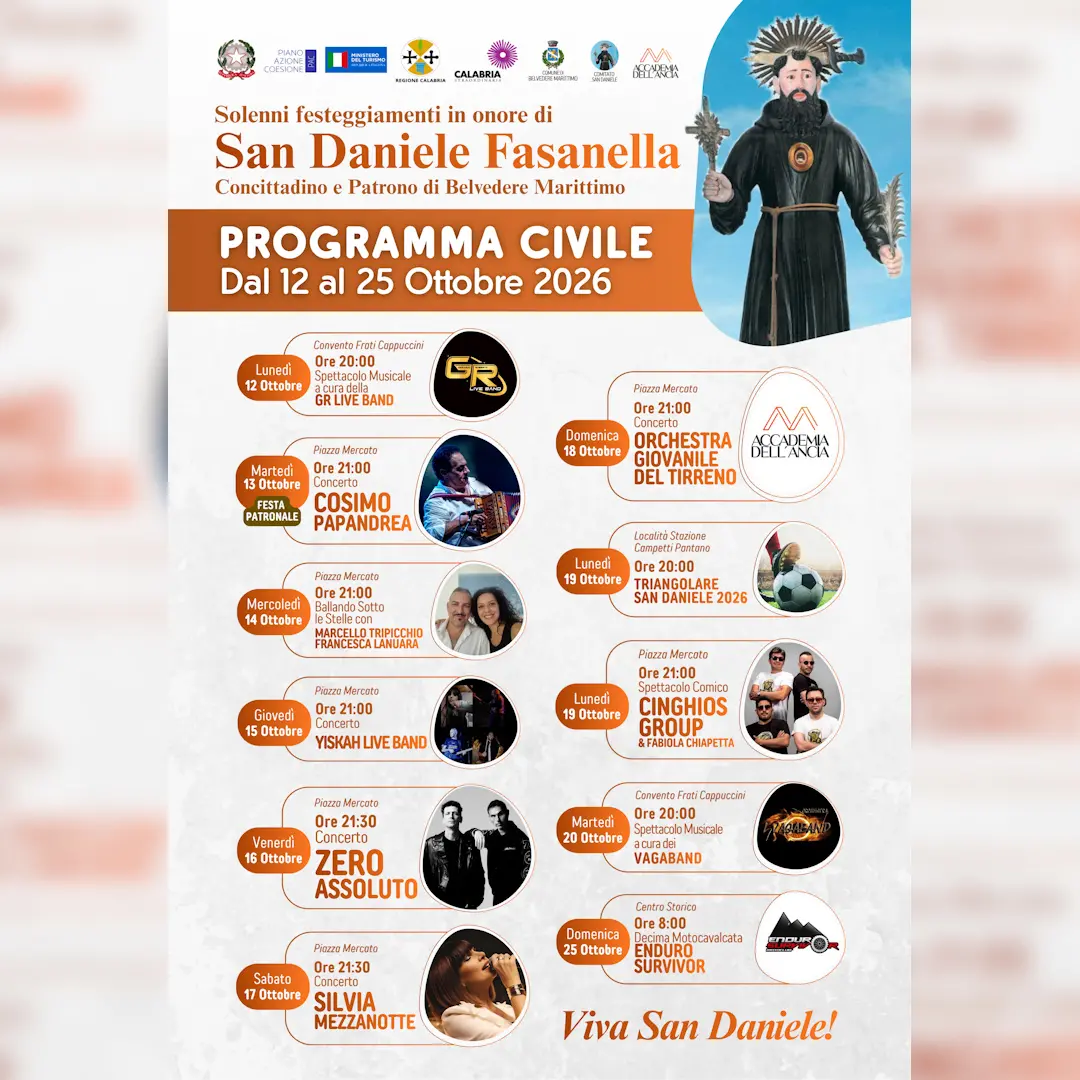 Belvedere Marittimo, dal 12 al 25 ottobre tornano i festeggiamenti in onore di San Daniele Fasanella\n
