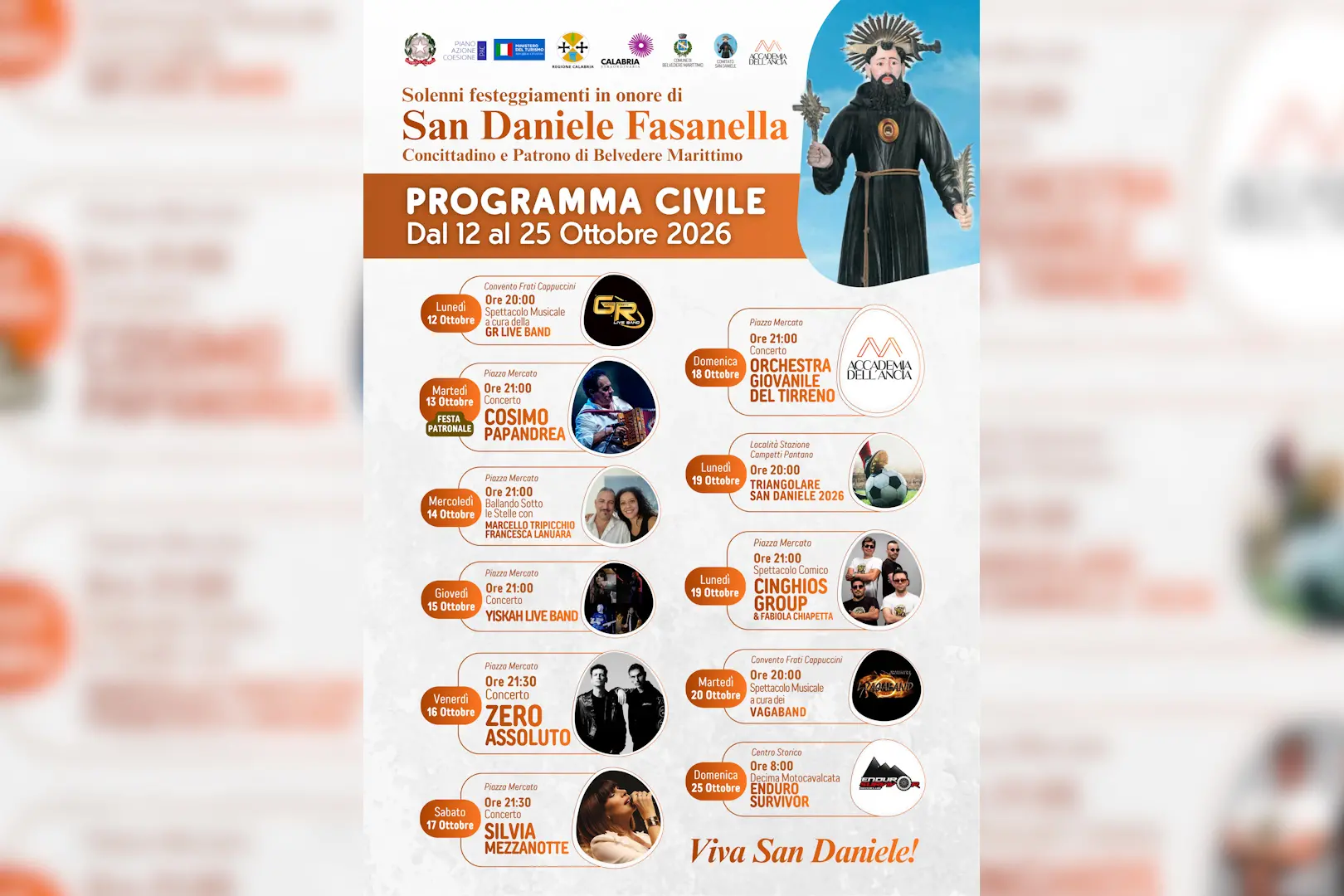 Belvedere Marittimo, dal 12 al 25 ottobre tornano i festeggiamenti in onore di San Daniele Fasanella\n