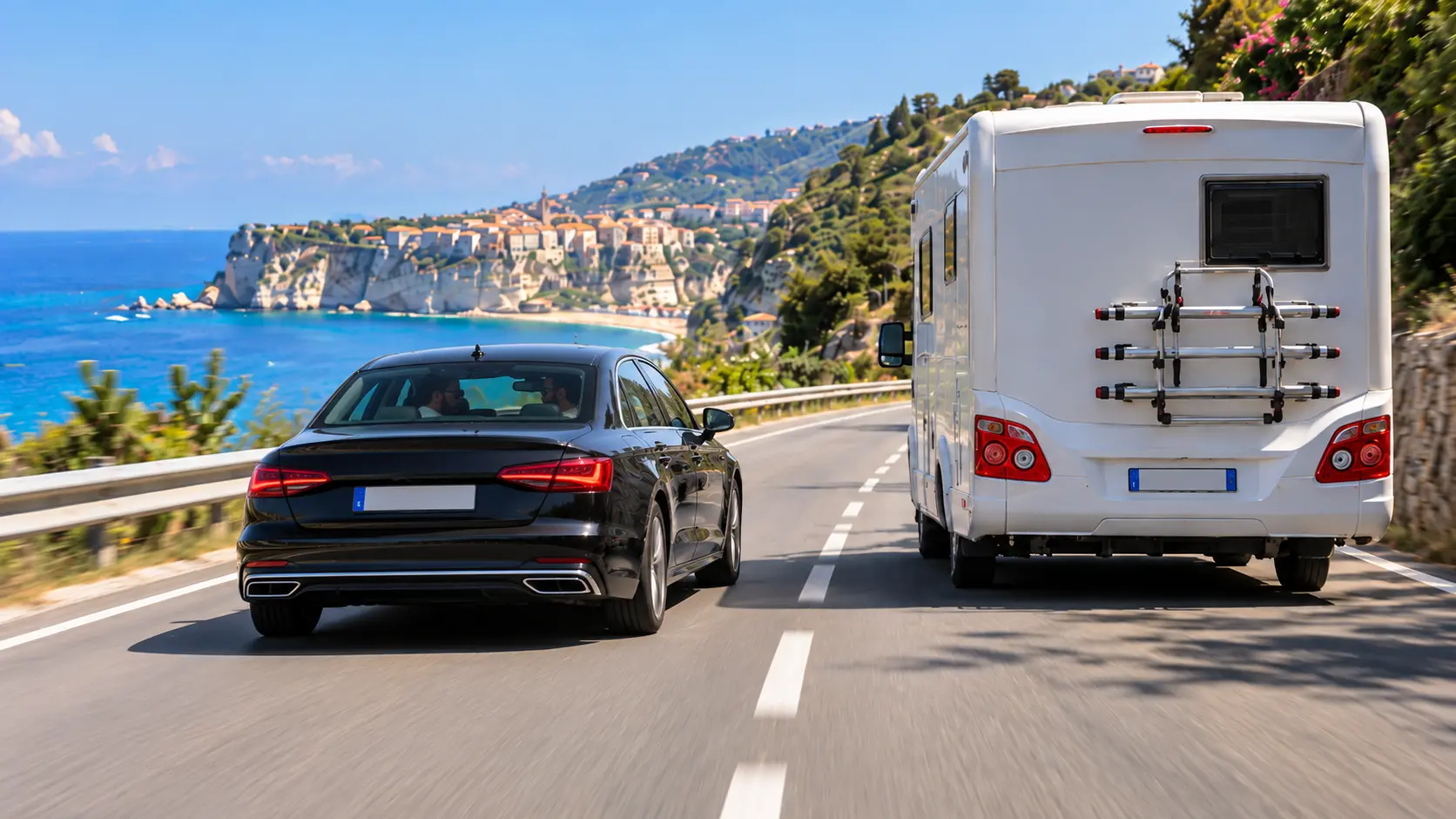 Un\\'auto che sorpassa un camper (foto realizzata con l\\'Ia)