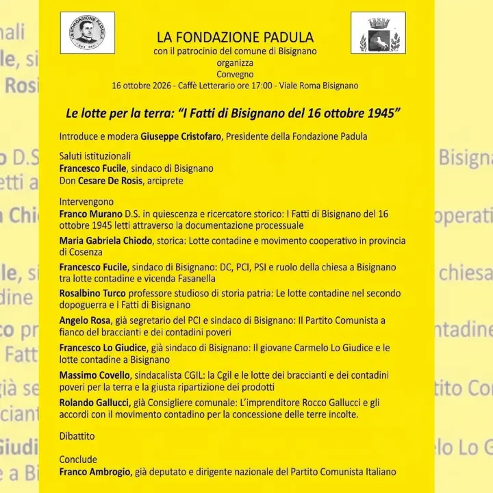 Bisignano ricorda le lotte contadine del 1945, un convegno sui fatti del 16 ottobre\n\n\n