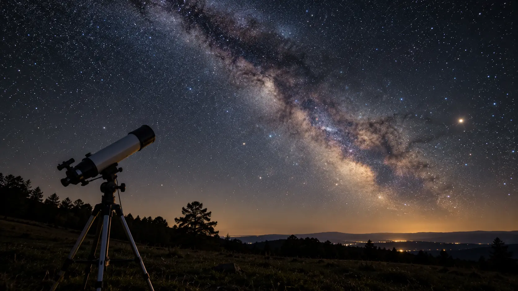 <p>Un telescopio puntato verso la volta celeste (immagine realizzata con l'Ia)</p>\\n