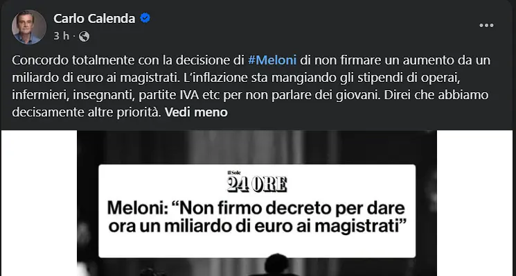 Calenda con Meloni sul Dpcm per i magistrati: «Una scelta giusta»
