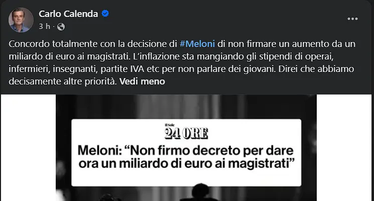 Calenda con Meloni sul Dpcm per i magistrati: «Una scelta giusta»