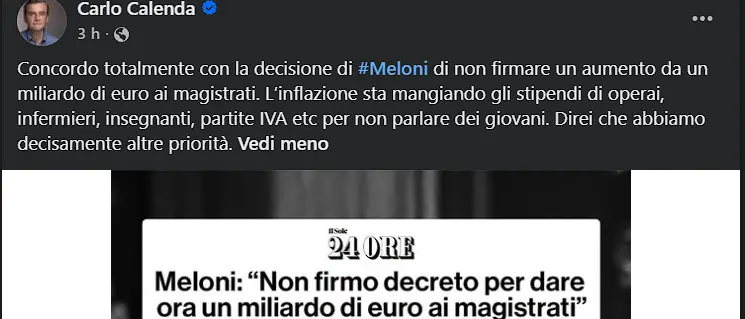 Calenda con Meloni sul Dpcm per i magistrati: «Una scelta giusta»
