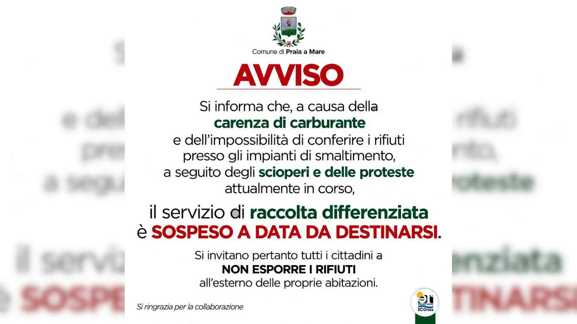 <p>L'avviso apparso sulla pagina Facebook del Comune di Praia a Mare</p>\\n