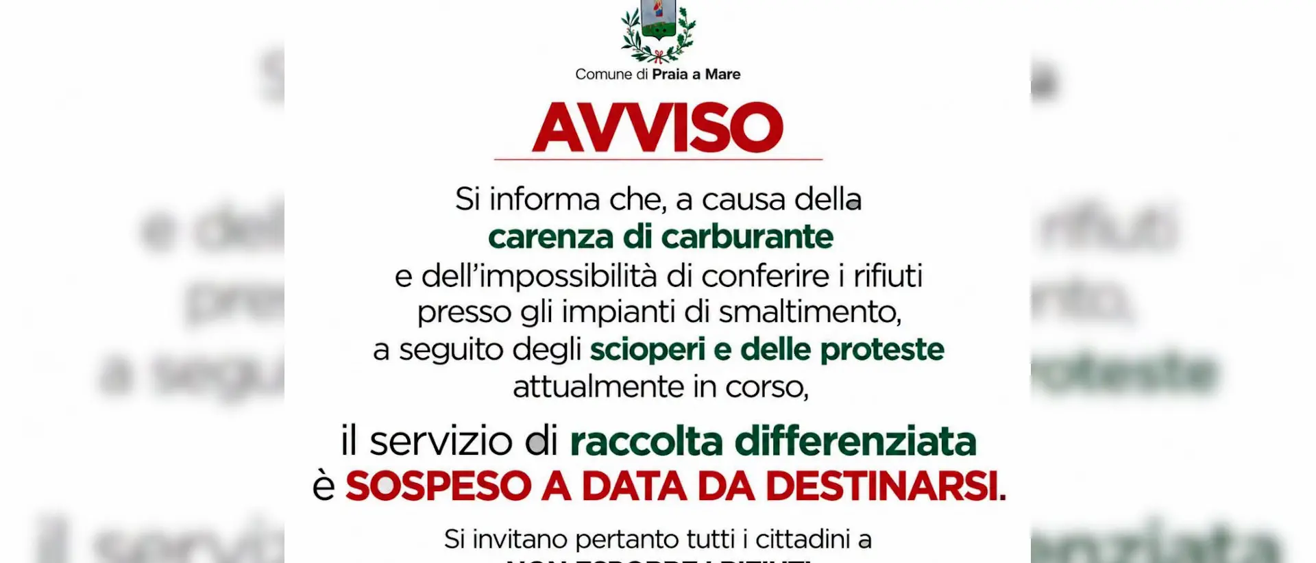 Praia a Mare, c’è carenza di carburante: il Comune comunica lo stop alla raccolta differenziata\n