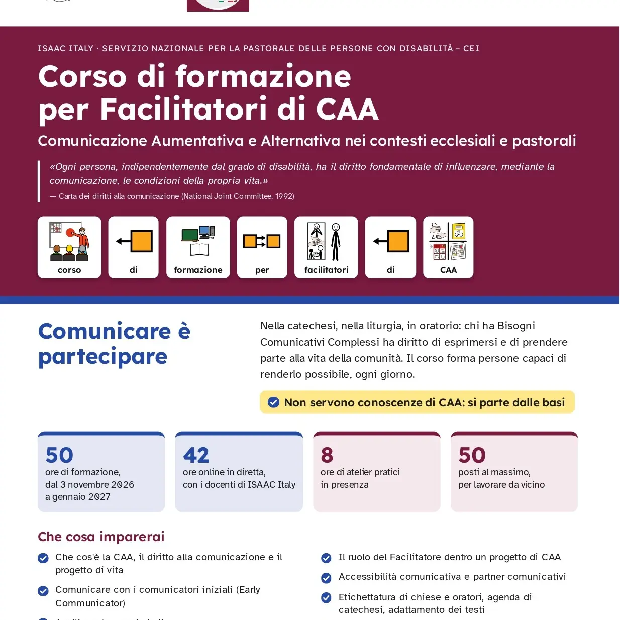 Al via il 3 novembre il corso per facilitatori di Comunicazione aumentativa e alternativa nei contesti ecclesiali e pastorali\n