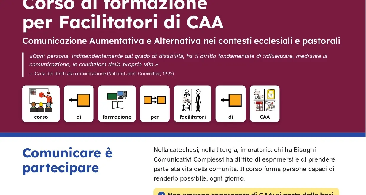 Al via il 3 novembre il corso per facilitatori di Comunicazione aumentativa e alternativa nei contesti ecclesiali e pastorali\n
