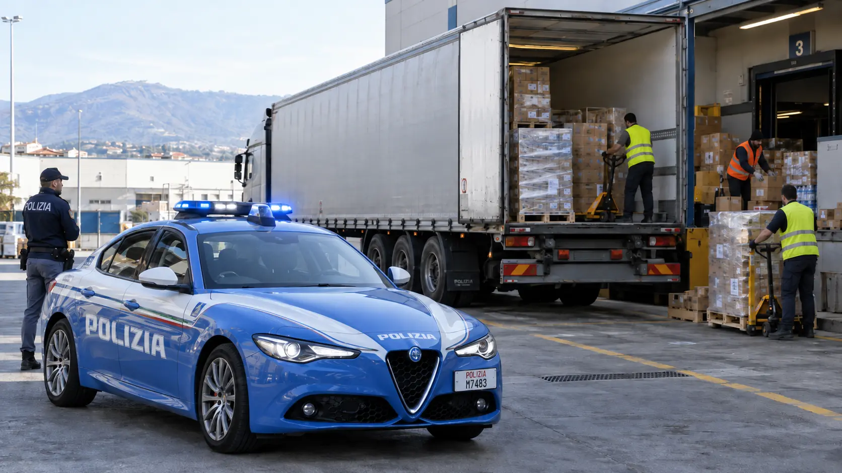 <p>La polizia scorta un Tir (immagine creata con l'Ai)</p>\\n