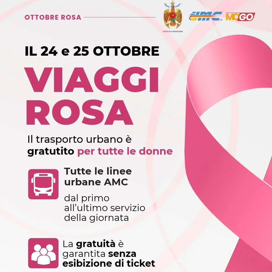 Catanzaro si tinge di rosa con Amc: trasporto pubblico gratuito per tutte le donne il 24 e 25 ottobre\n