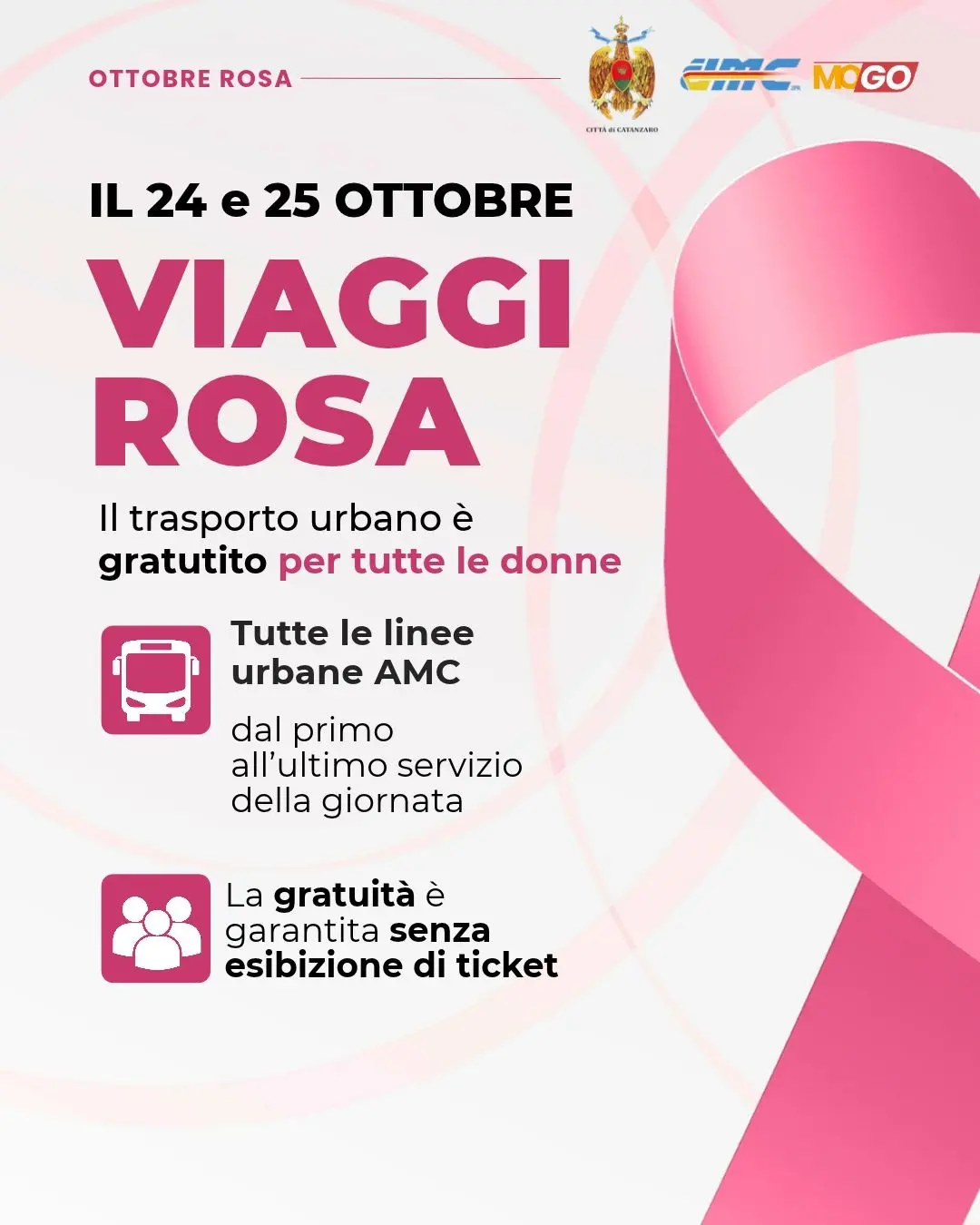Catanzaro si tinge di rosa con Amc: trasporto pubblico gratuito per tutte le donne il 24 e 25 ottobre\n