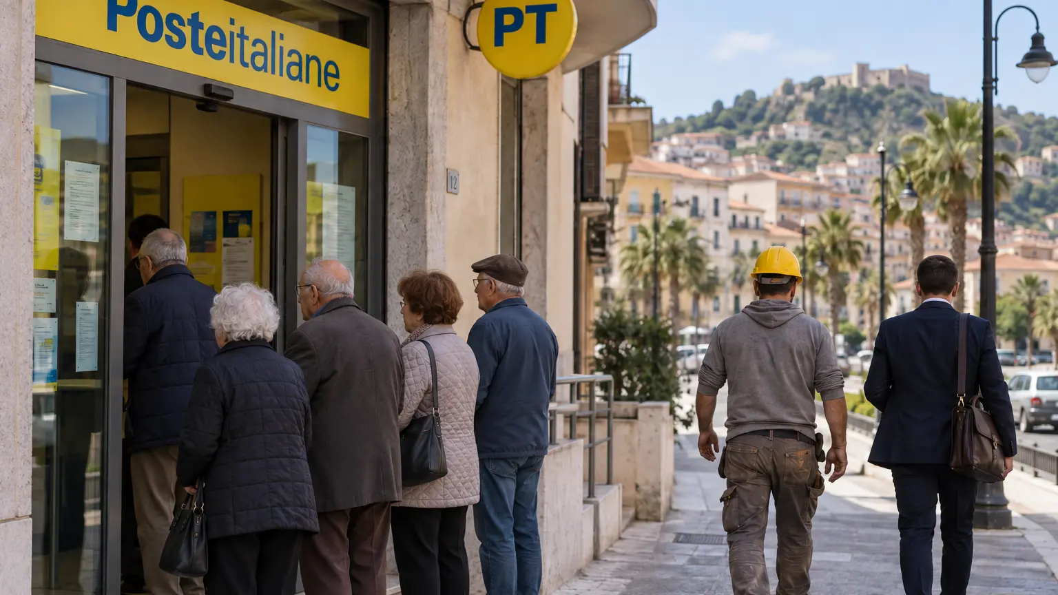 <p>Pensionati in fila all'ufficio postale (immagine realizzata con l'Ai)</p>\\n