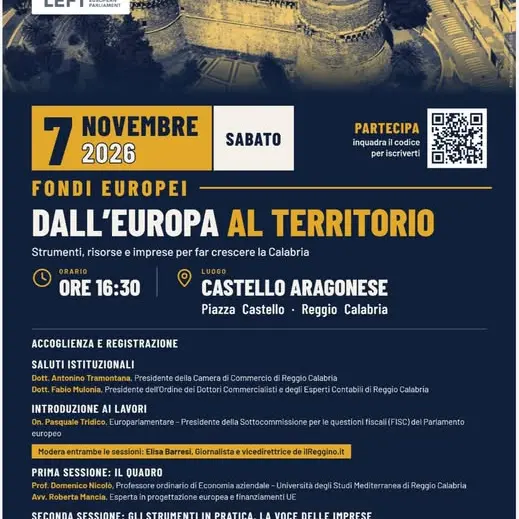 Fondi europei, a Reggio\u00A0il confronto sulle opportunità per il territorio: Pasquale Tridico incontra imprese e professionisti al Castello Aragonese\n