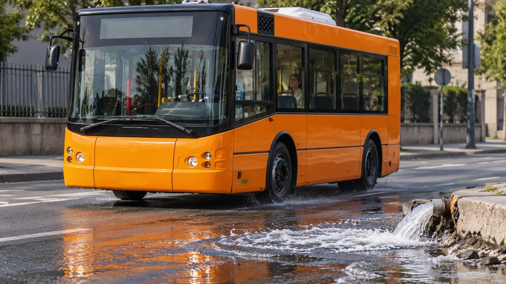 <p>Un bus urbano attraversa una strada allagata (immagine realizzata con l'Ai)</p>\\n