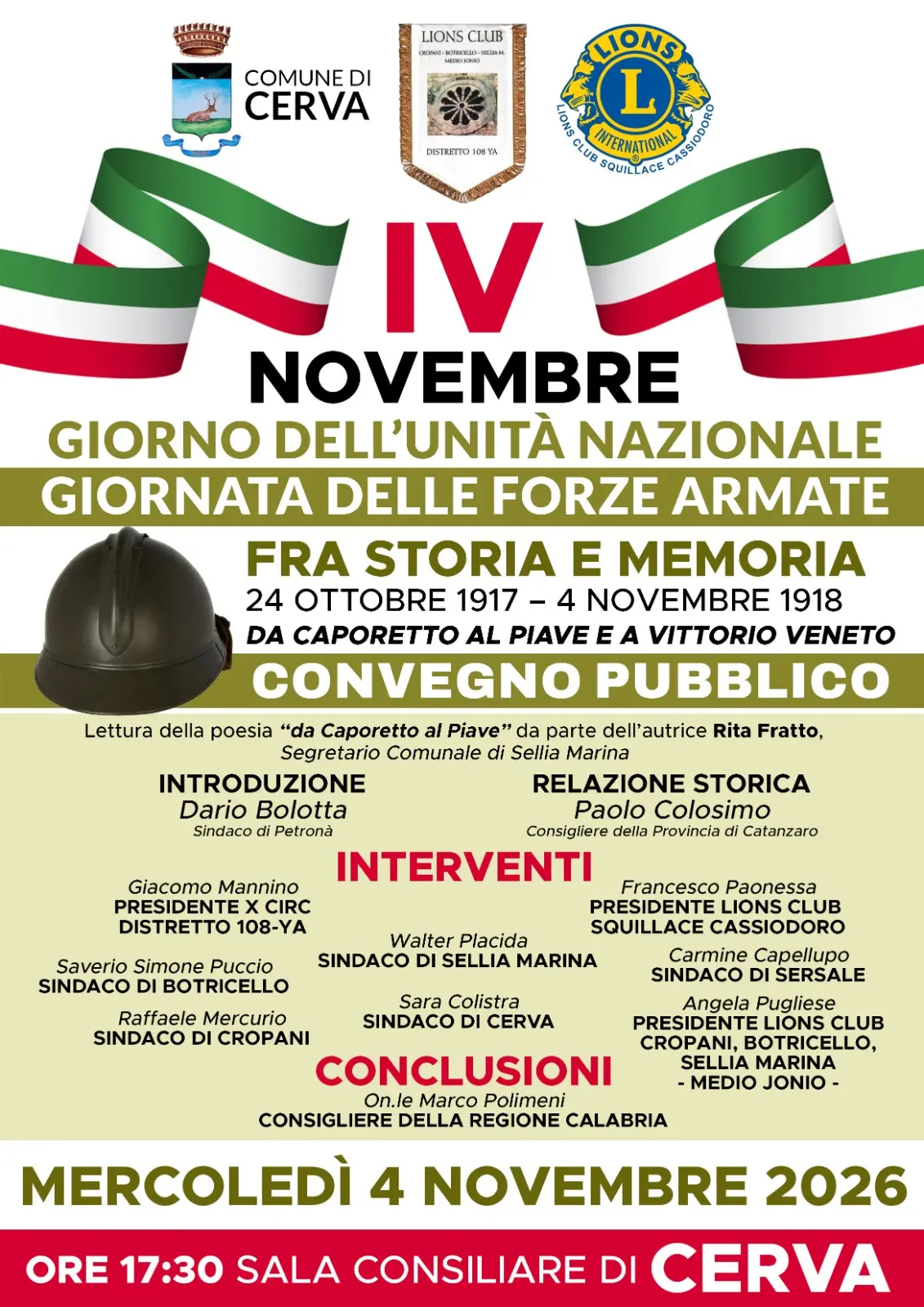 A Cerva un convegno storico dedicato alla Grande Guerra: “Da Caporetto al Piave e a Vittorio Veneto”\n